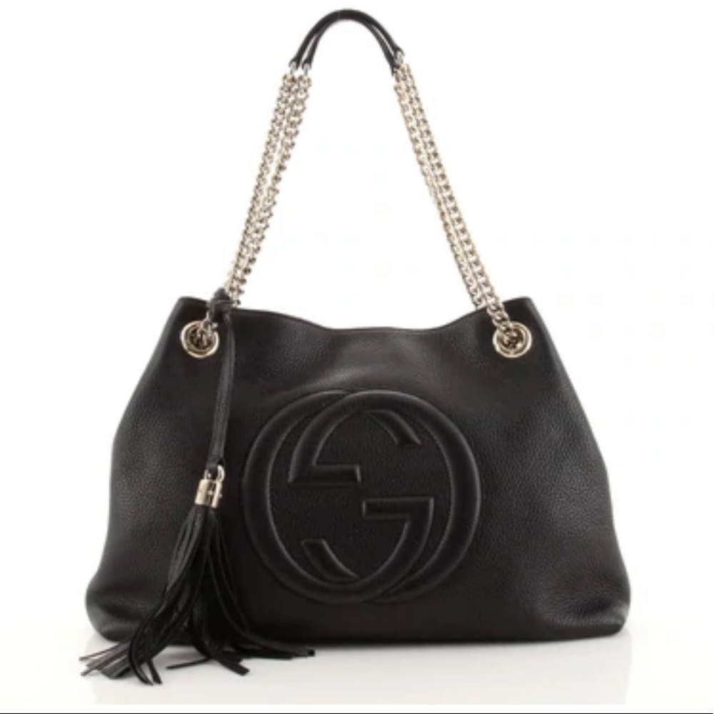 Gucci Black Leather Soho Chain Tote with Tassel